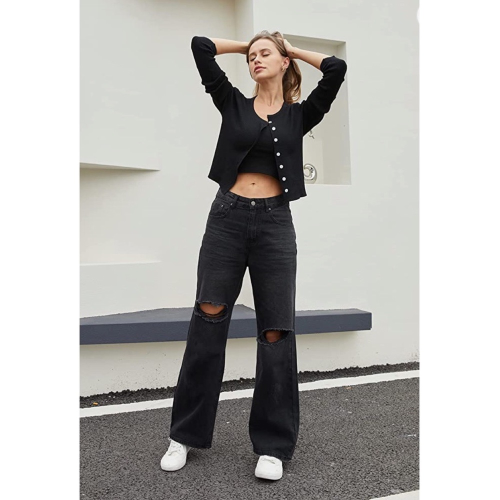 Black Distressed Wide Leg Jeans
